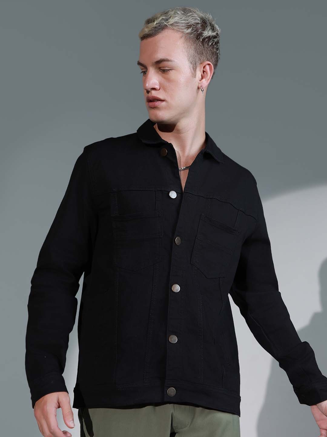 

Hubberholme Men Charcoal Grey Solid Denim Jacket