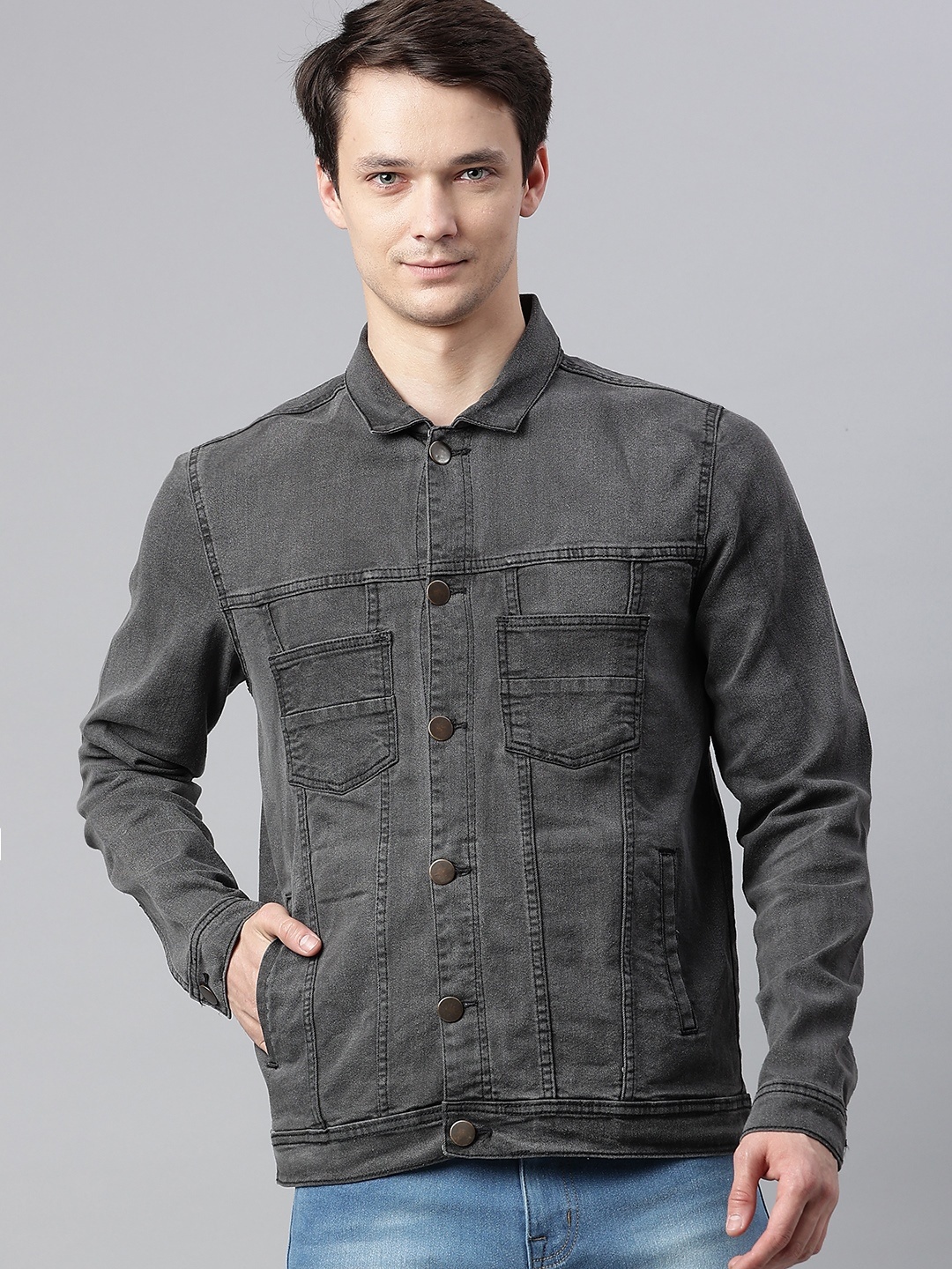 

Hubberholme Men Charcoal Grey Solid Denim Jacket