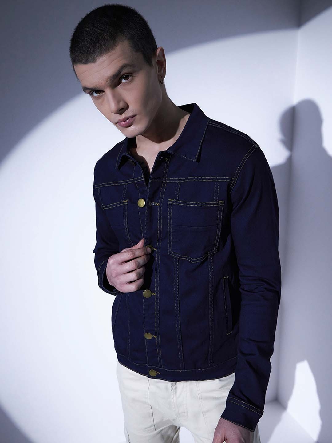 

Hubberholme Men Navy Blue Solid Denim Jacket