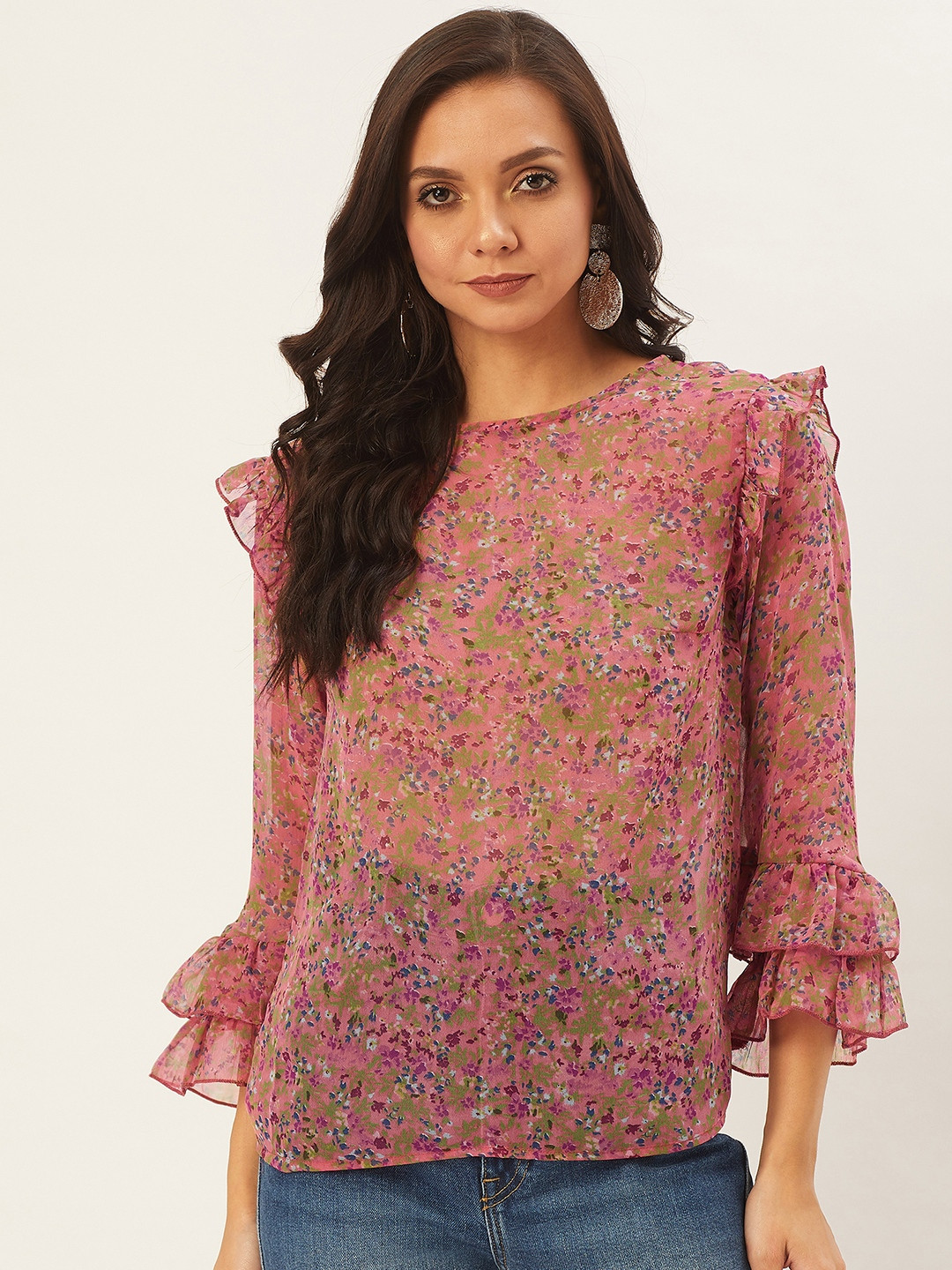 

ANVI Be Yourself Peach-Coloured & Green Floral Print Georgette Top