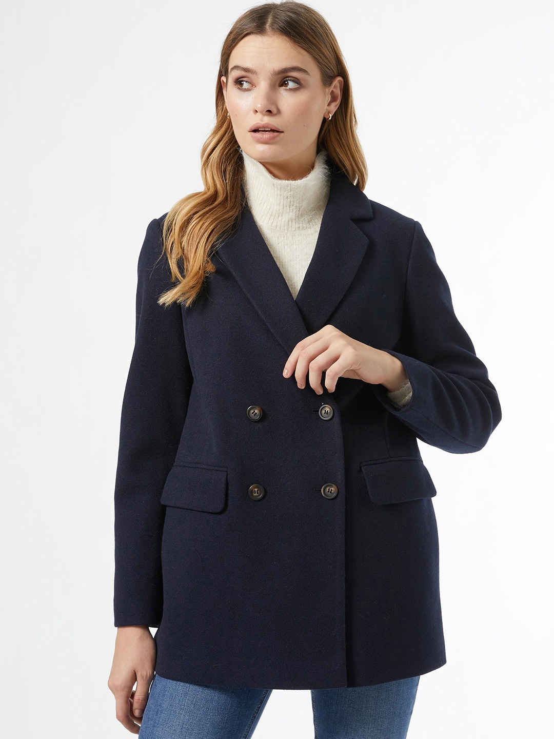 

DOROTHY PERKINS Women Navy Blue Solid Double-Breasted Over Coat