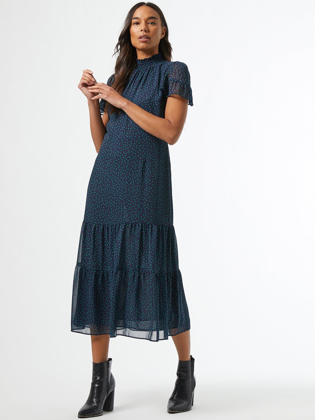 

DOROTHY PERKINS Women Navy Blue & Green Printed Tiered A-Line Dress