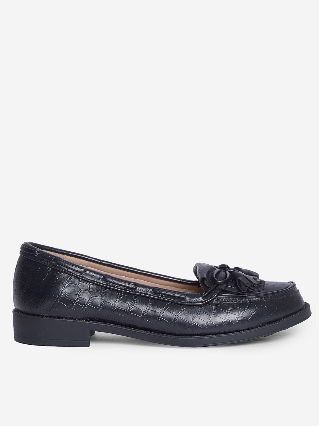 

DOROTHY PERKINS Women Black Croc-Textured Boat Shoes with Bow & Fringed Detail