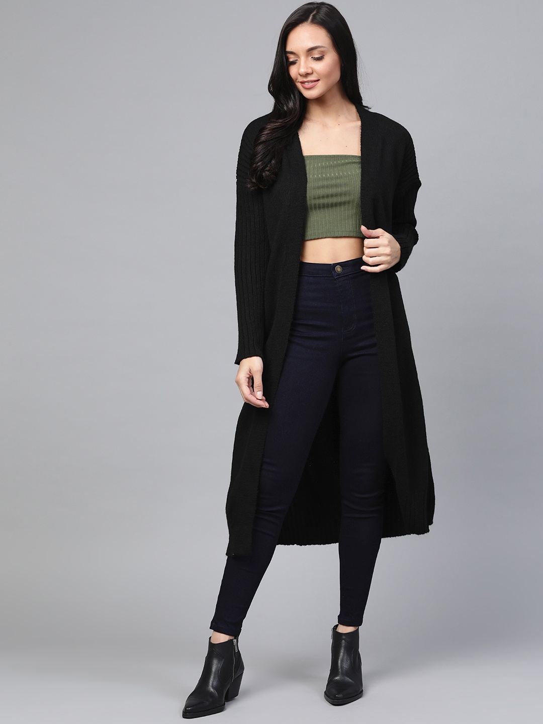 

DOROTHY PERKINS Women Black Solid Longline Front-Open Sweater