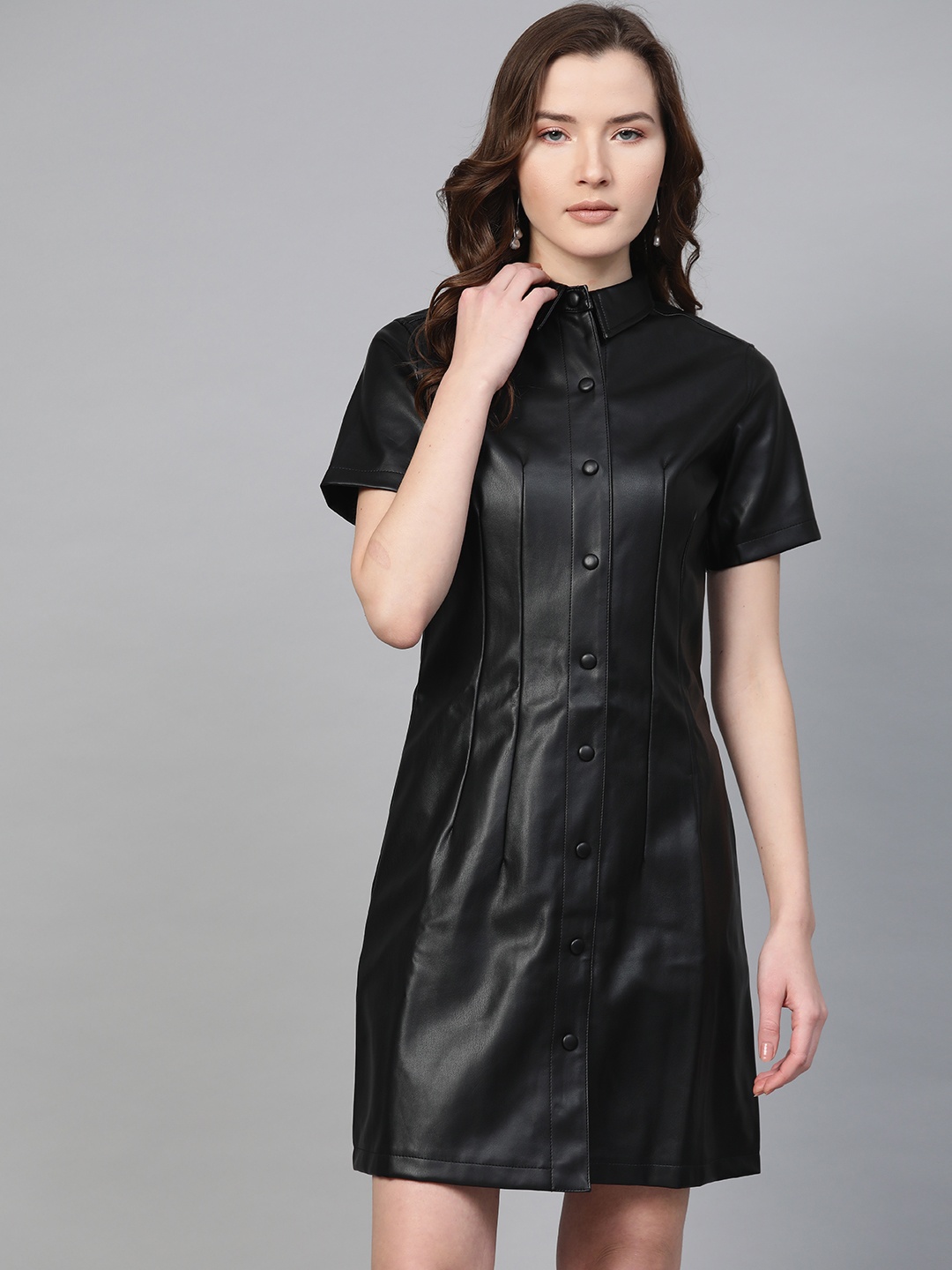 

DOROTHY PERKINS Women Black Solid PU Coated Shirt Dress