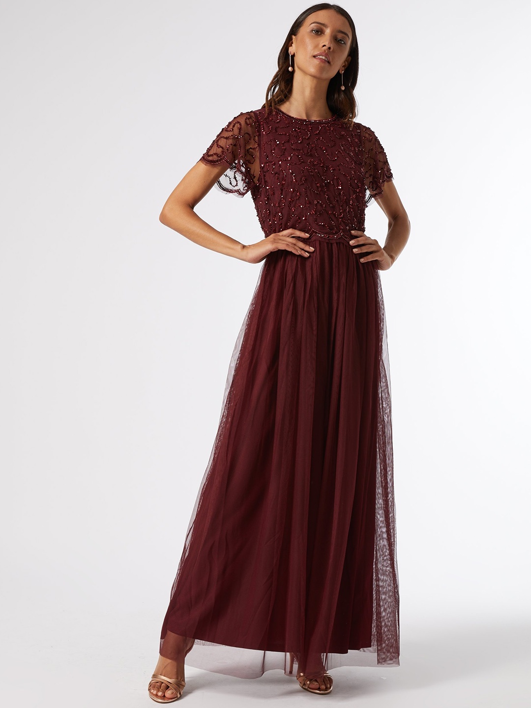 

DOROTHY PERKINS Women Burgundy Embellished Fit and Flare Maxi Dress