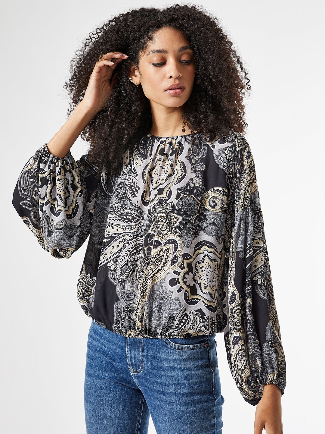 

DOROTHY PERKINS Women Navy Blue & Grey Floral Printed Cinched Waist Top