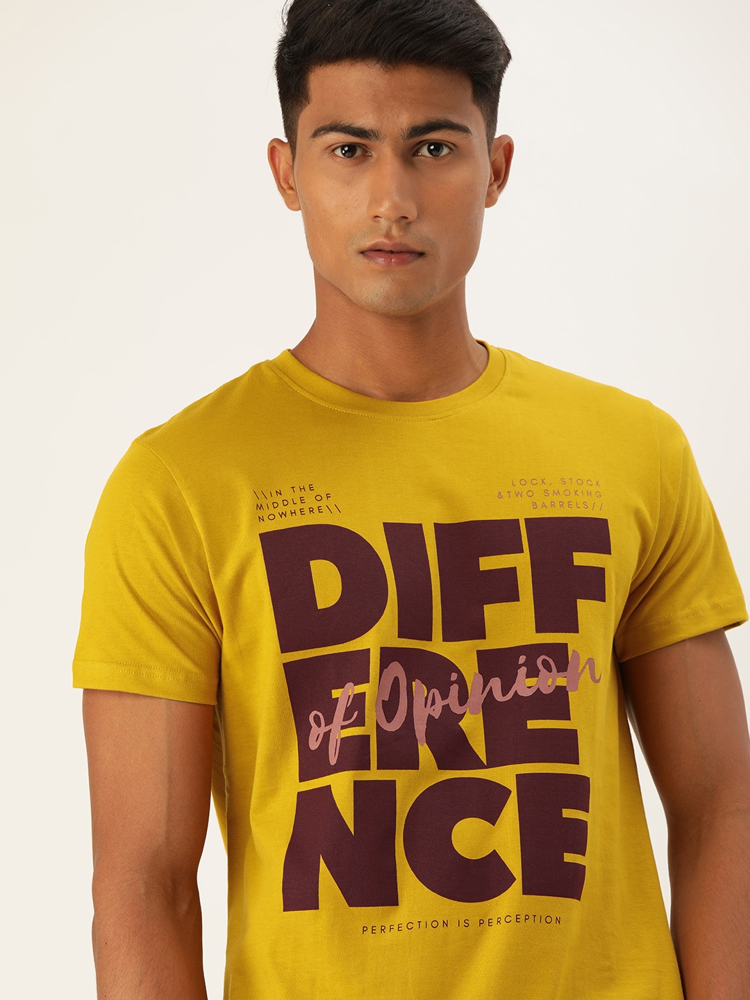 

Difference of Opinion Men Mustard Printed Round Neck Pure Cotton T-shirt