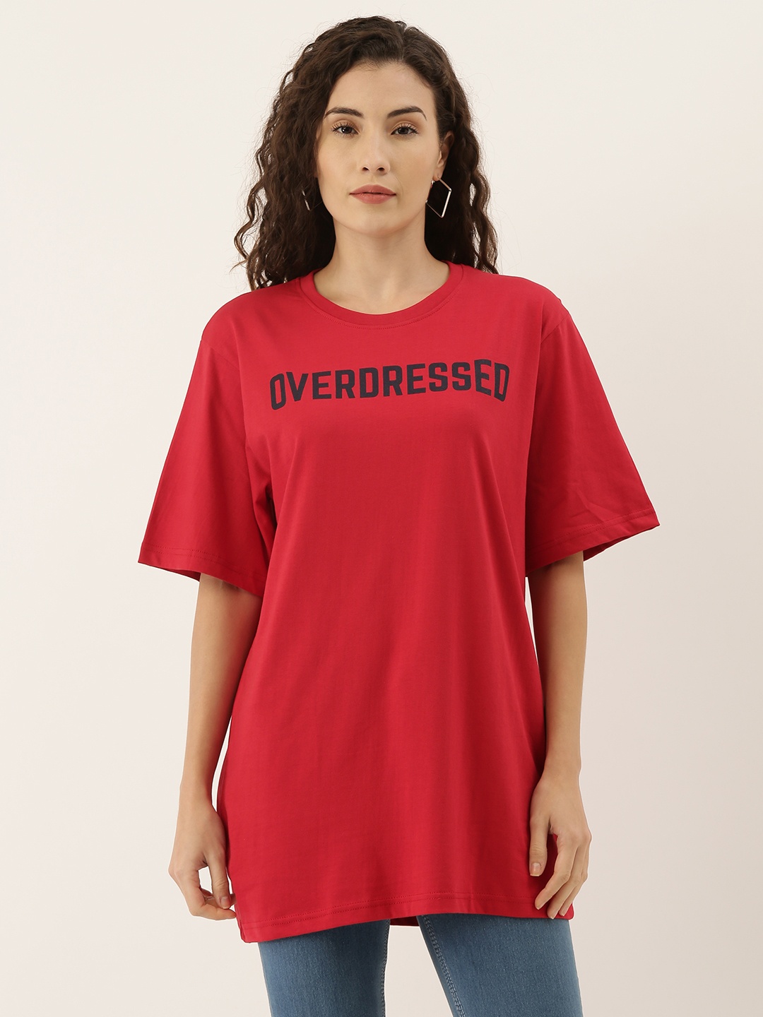 

DILLINGER Women Red Printed Round Neck Longline Oversized Pure Cotton T-shirt