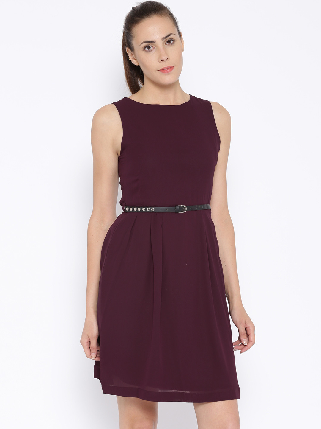 

Tokyo Talkies Women Burgundy Solid Fit & Flare Dress with Belt