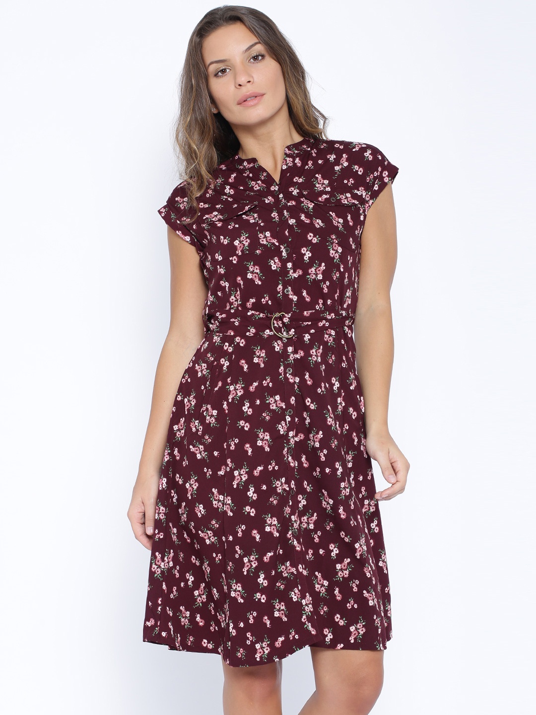 

Tokyo Talkies Maroon Floral Print A-Line Dress