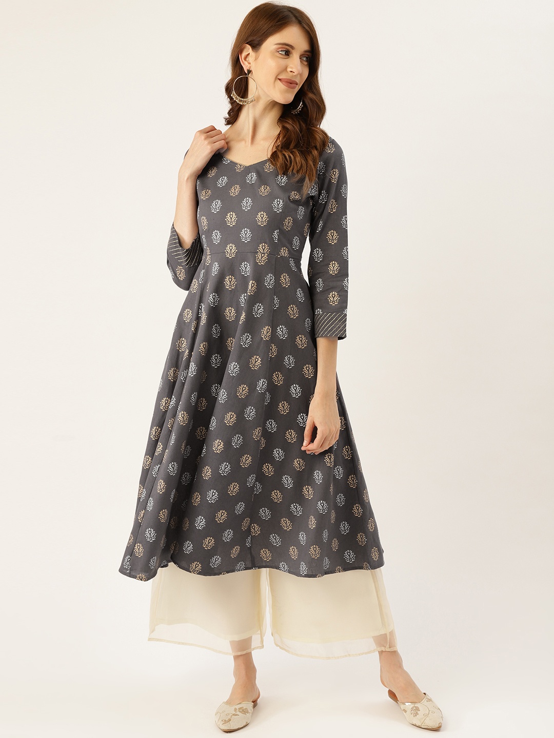 

Aayna Women Charcoal Grey & Off-White Block Print Anarkali Kurta