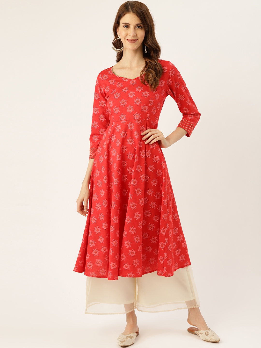 

Aayna Women Red & Off-White Block Print Anarkali Kurta