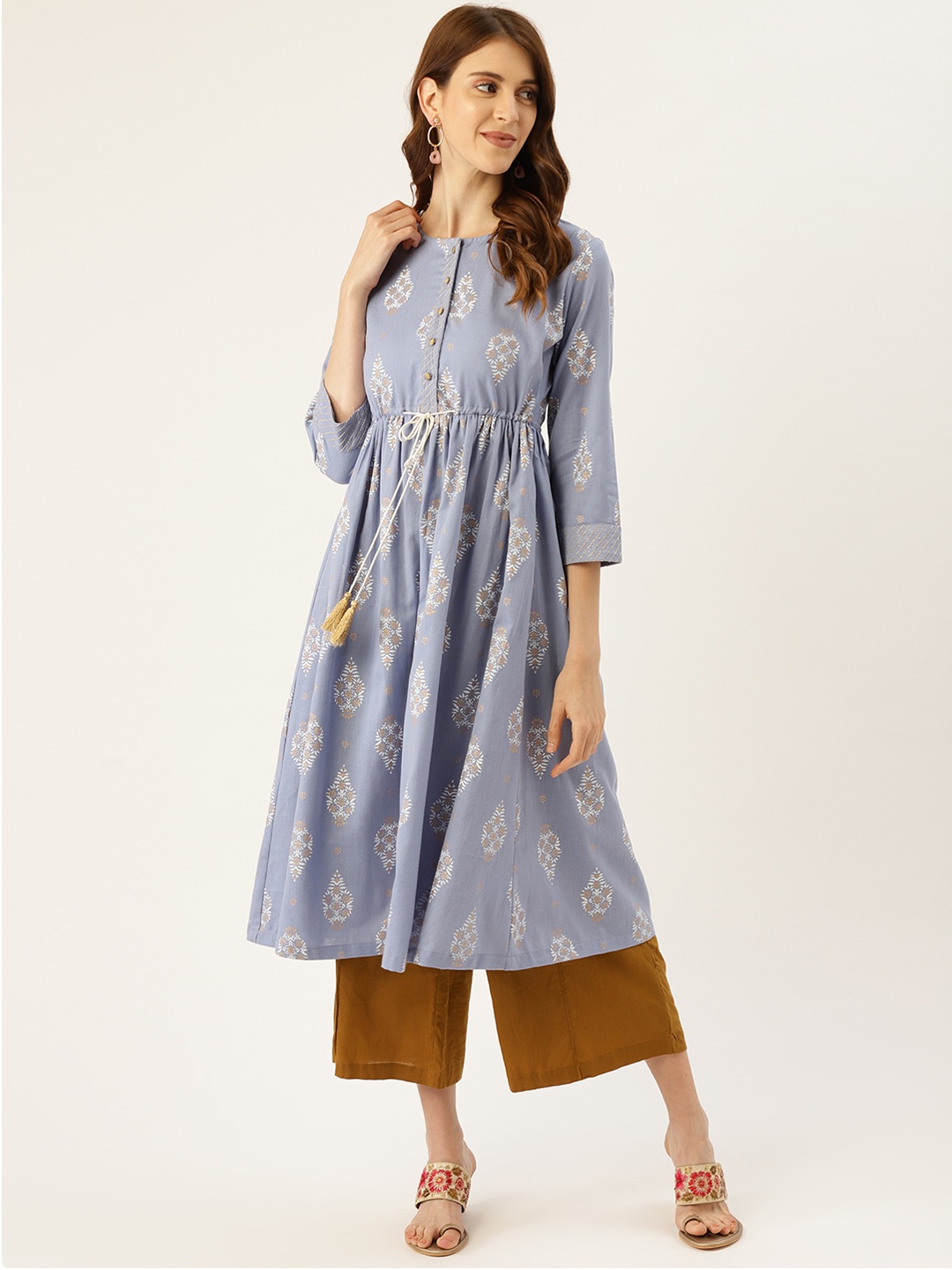 

Aayna Women Blue & Golden Block Print A-Line Kurta