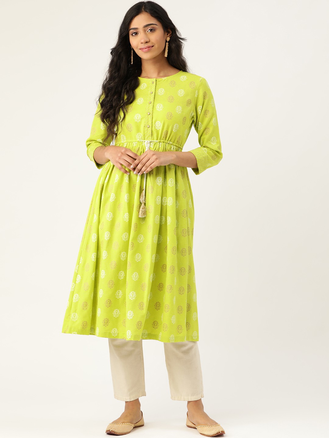 

Aayna Women Lime Green & White Cotton Handloom Foil Printed A-Line Kurta