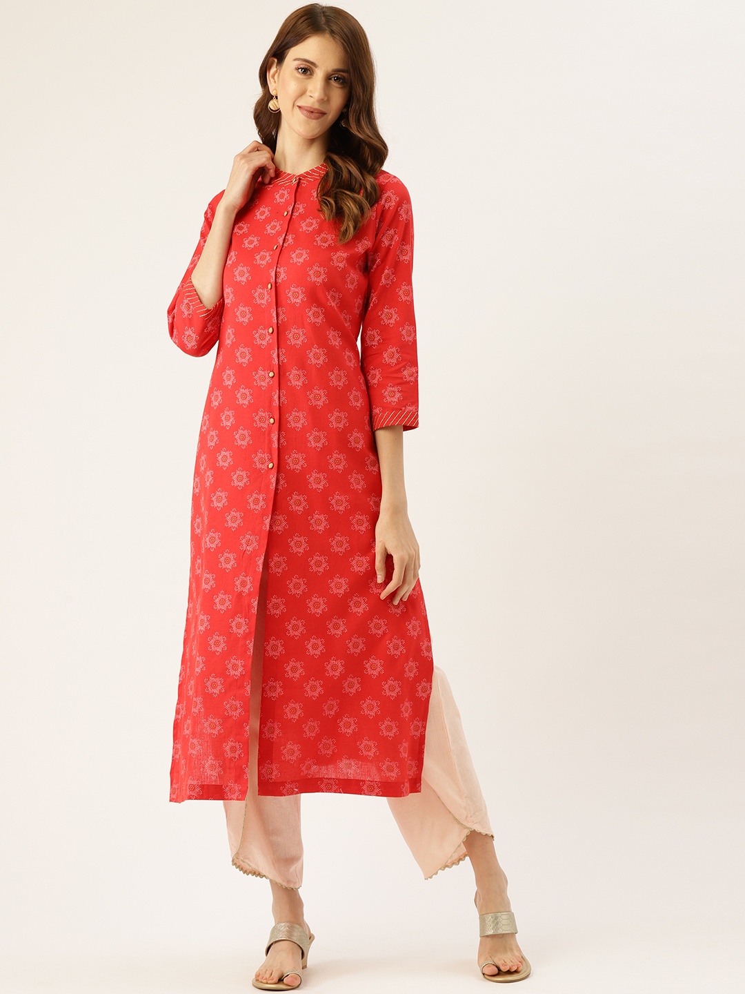 

Aayna Women Red & Pink Handloom Foil Print Straight Kurta