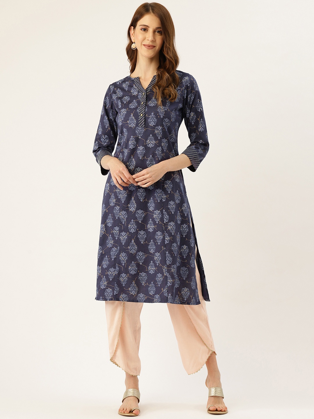 

Aayna Women Navy & White Ethnic Foil Printed Straight Kurta, Navy blue