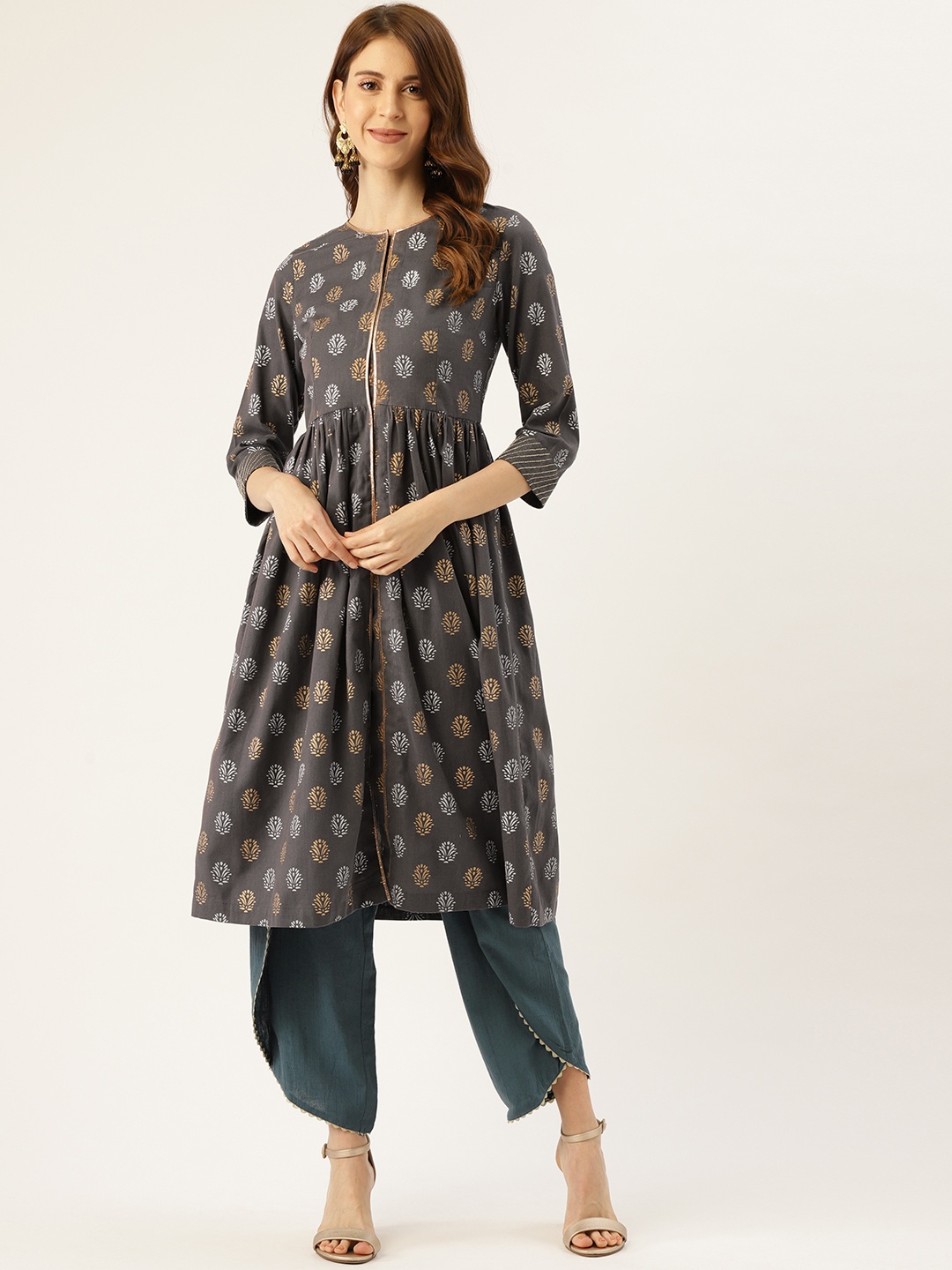 

Aayna Women Charcoal Grey & Golden Handloom Foil Printed A-Line Kurta
