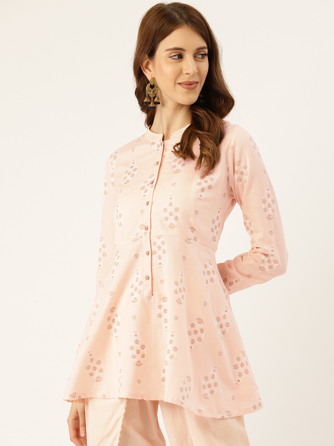

Aayna Women Peach-Coloured & Golden Handloom Foil Printed Pure Cotton A-Line Kurti