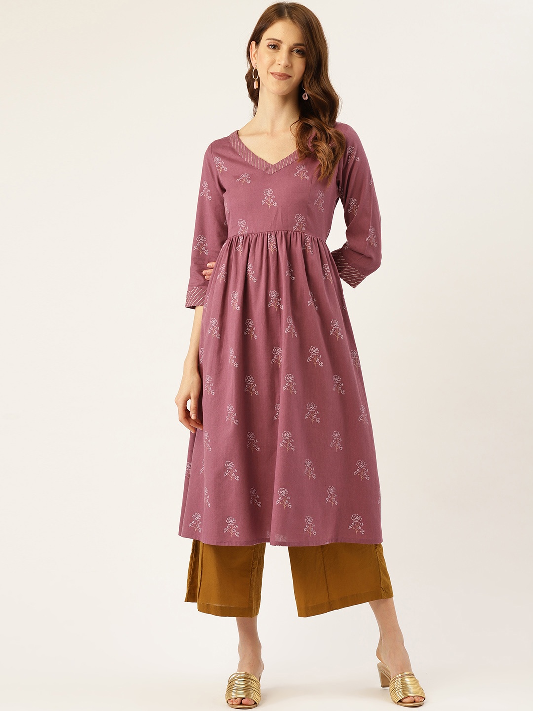 

Aayna Women Mauve & Off-White Block Print A-Line Kurta