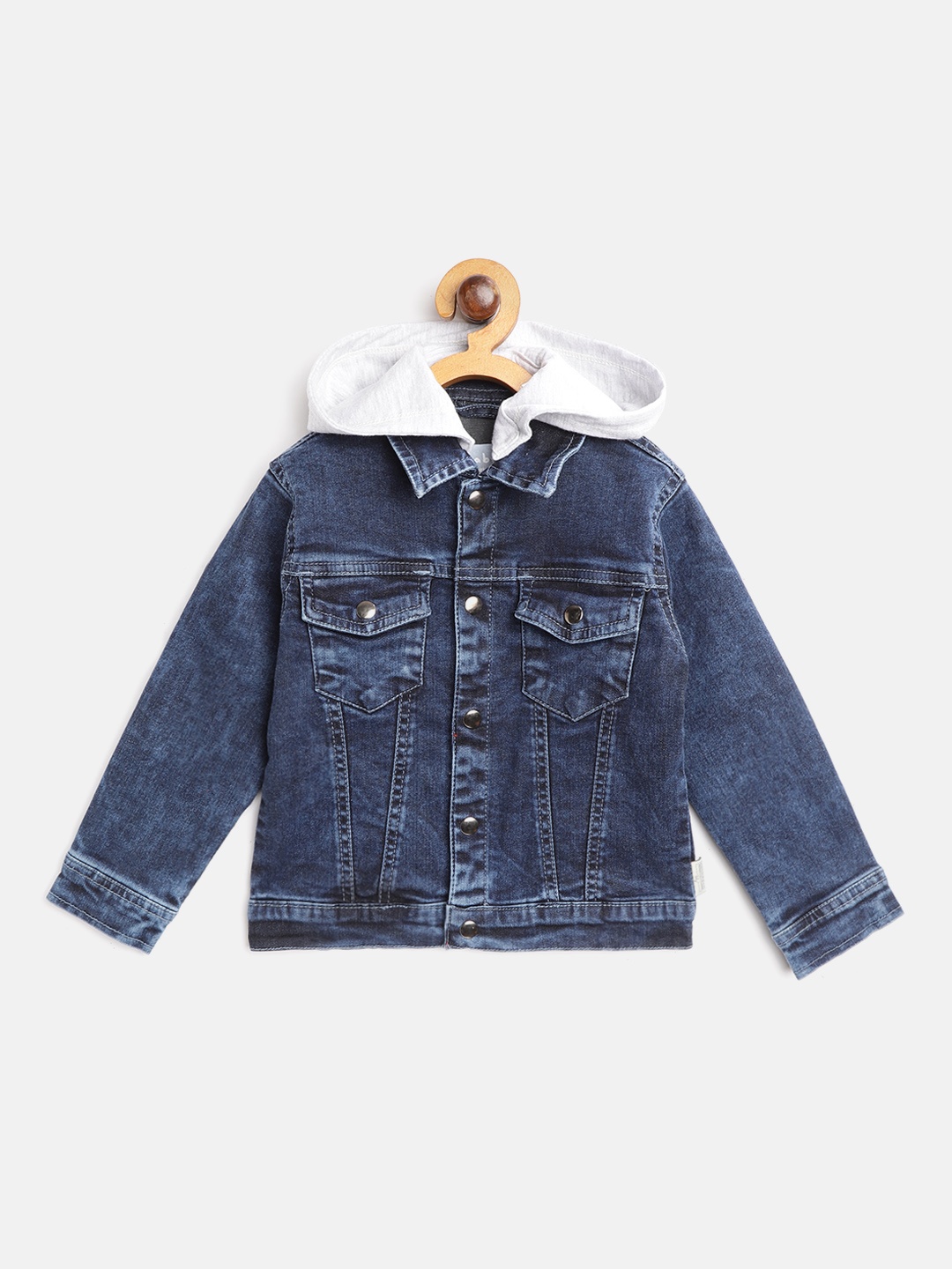 

Gini and Jony Boys Navy Blue Solid Hooded Denim Jacket