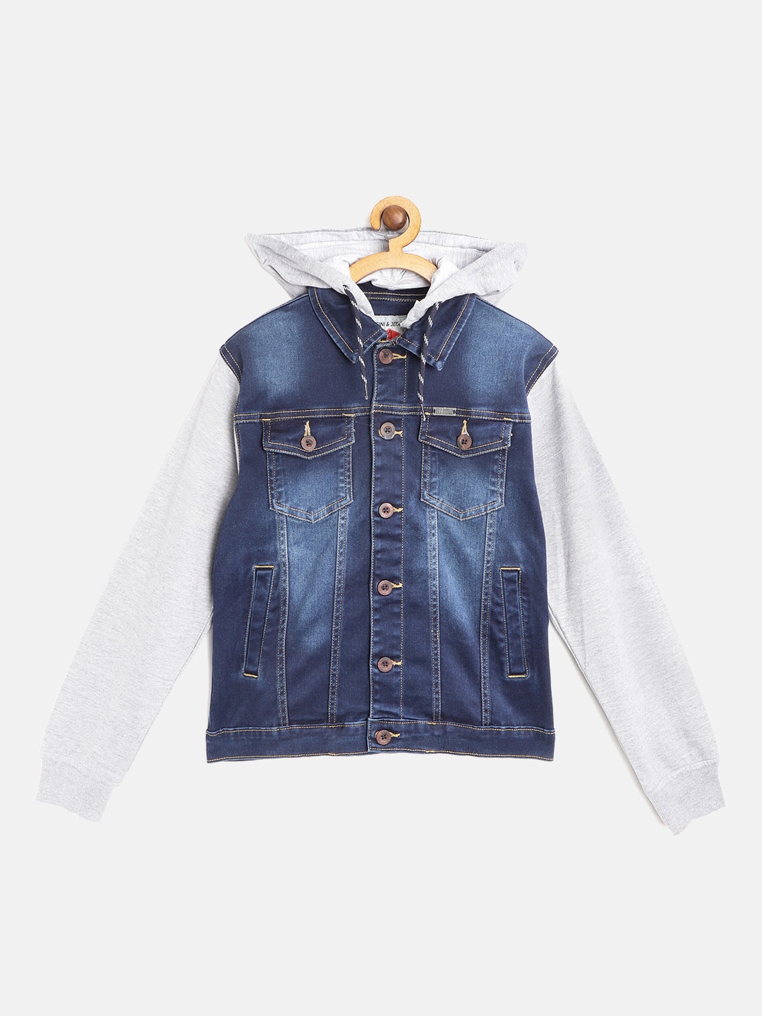 

Gini and Jony Boys Navy Blue & Grey Melange Washed Denim Jacket with Detachable Hood