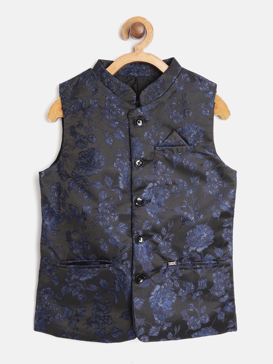 

Gini and Jony Boys Black & Blue Floral Woven Design Nehru Jacket