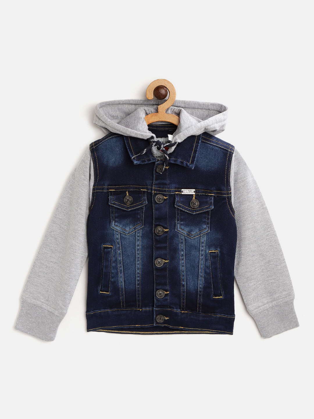 

Gini and Jony Boys Navy Blue & Grey Melange Washed Denim Jacket with Detachable Hood