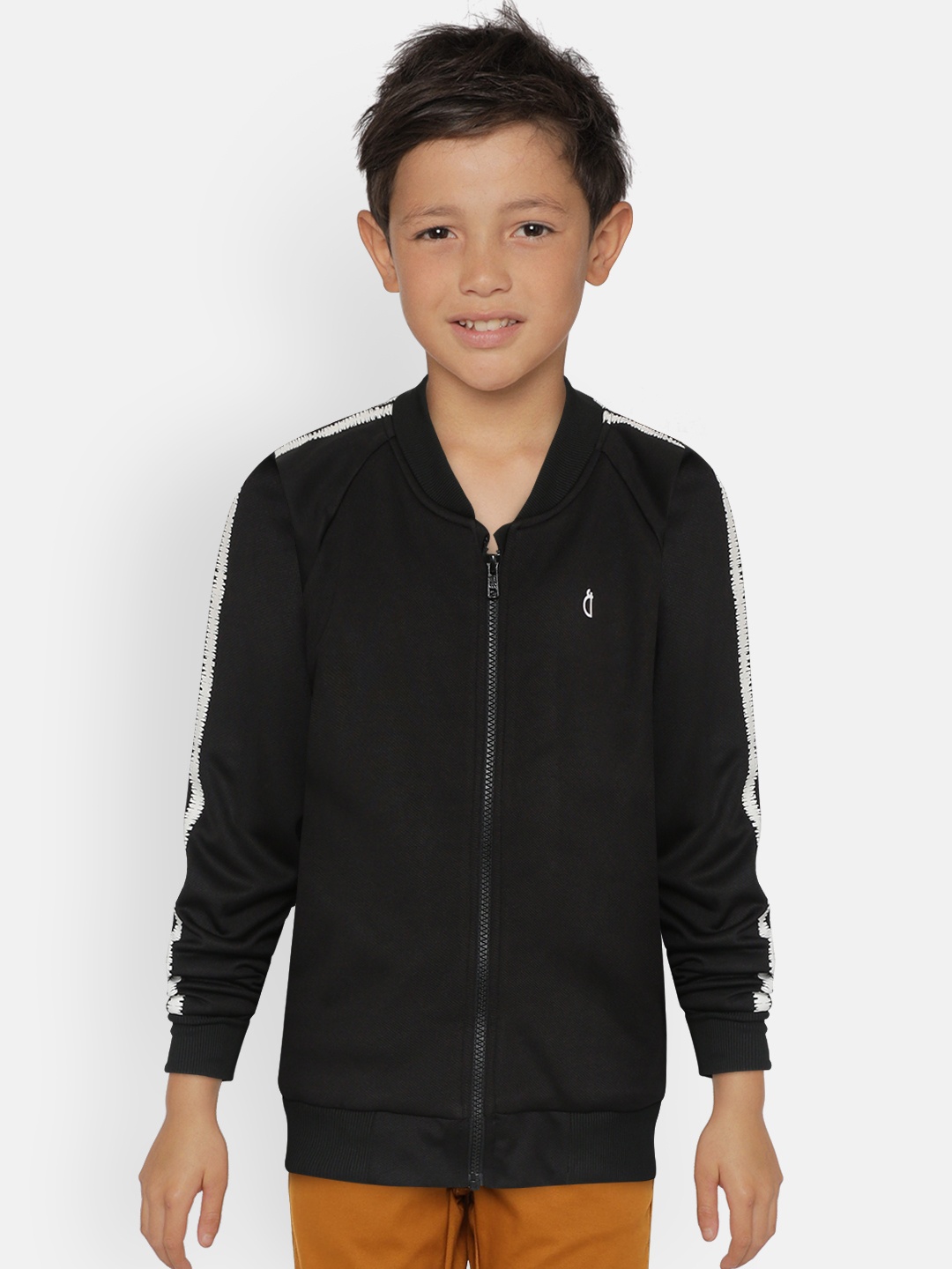 Gini and Jony Girls Black Brand Logo Printed Bomber Jacket With Side Taping Detail