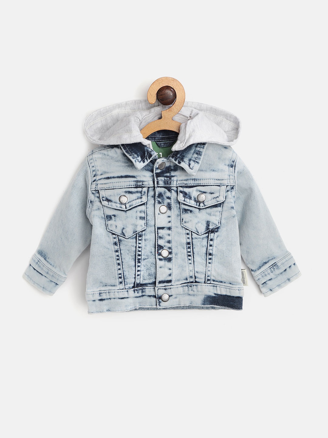 

Gini and Jony Boys Blue Solid Denim Jacket With Detachable Hood & Applique Detail