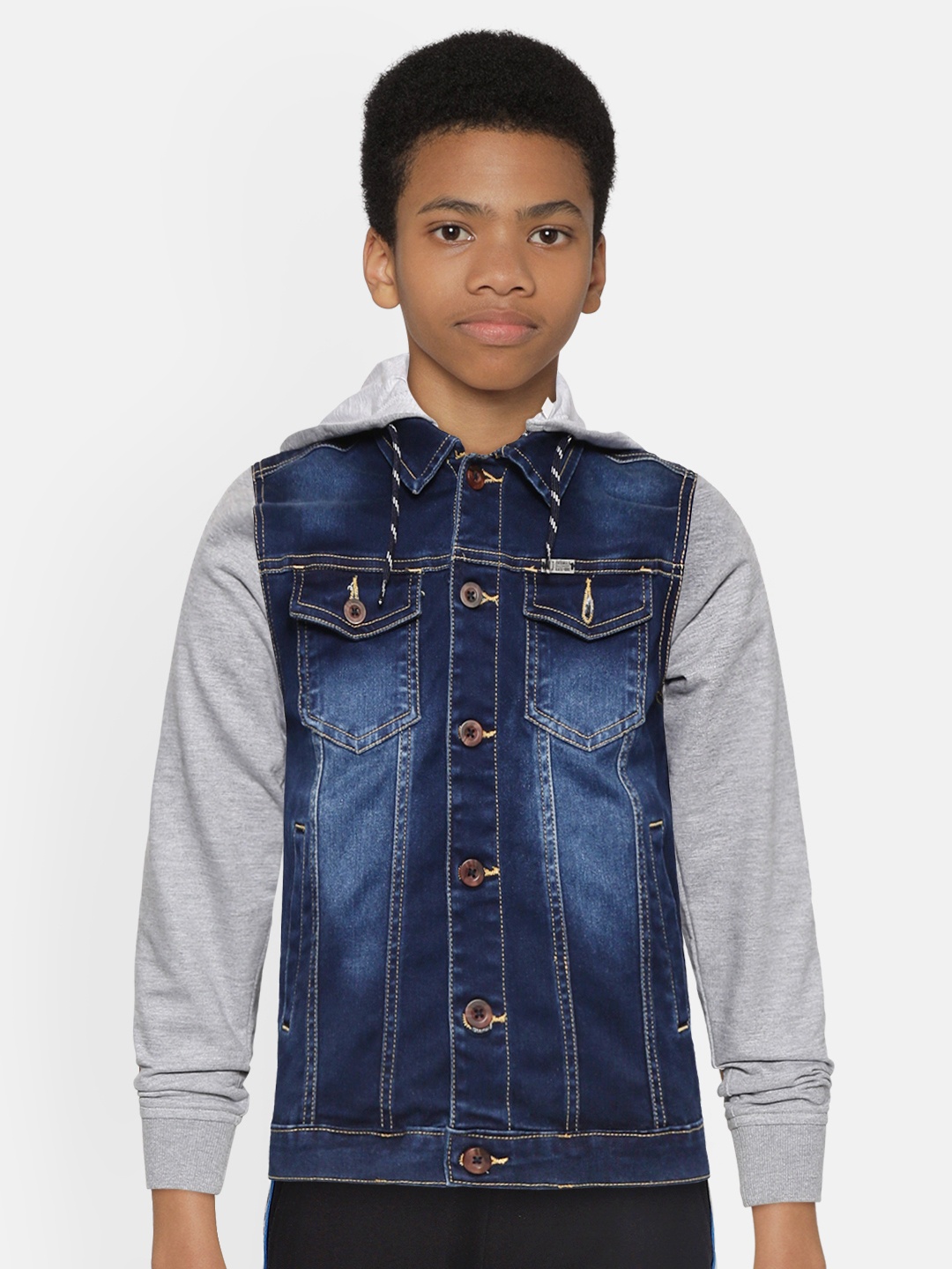 

Gini and Jony Boys Navy Blue & Grey Melange Washed Denim Jacket with Detachable Hood