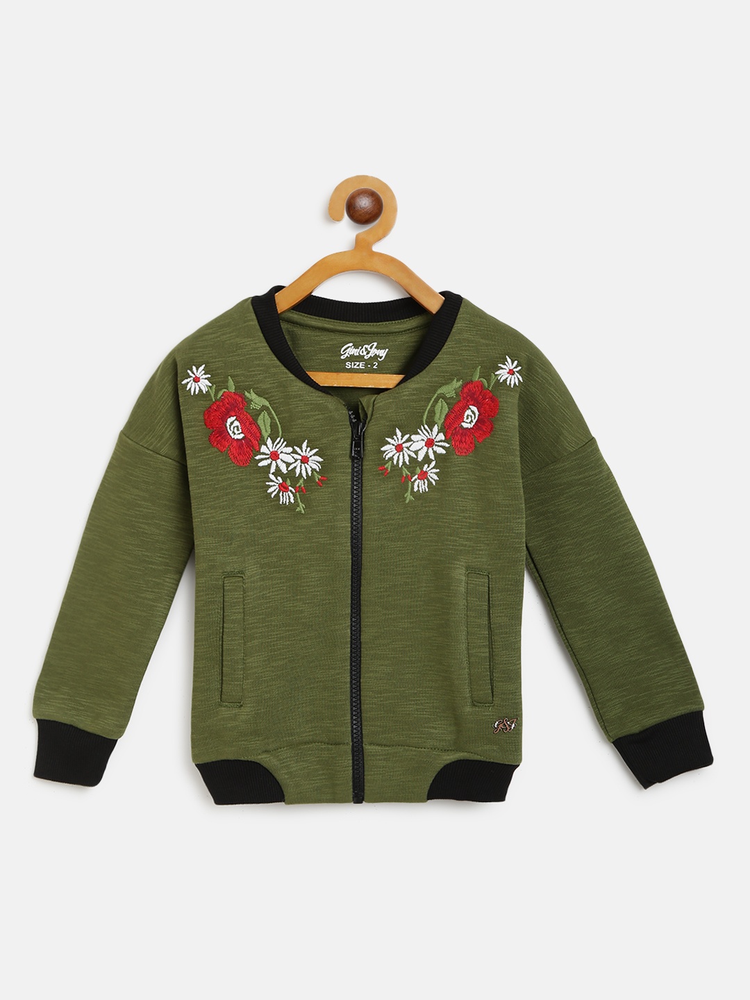 

Gini and Jony Girls Olive Green Floral Embroidered Sweatshirt With Applique Detail