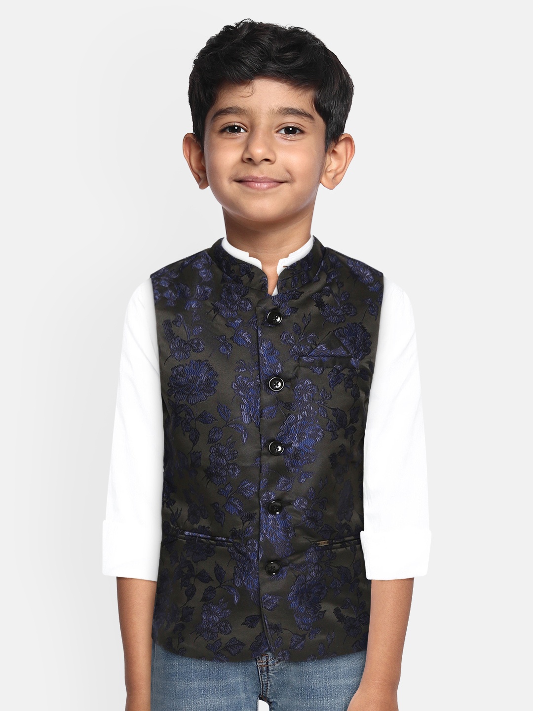 

Gini and Jony Boys Black & Blue Floral Woven Design Nehru Jacket