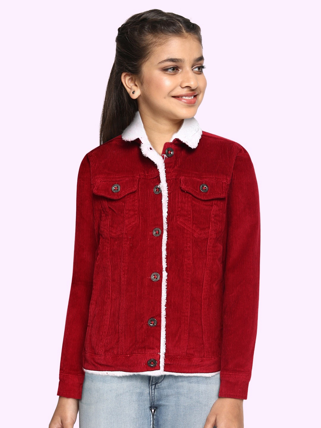 

Gini and Jony Girls Red Corduroy Solid Tailored Jacket with Faux Fur Trim
