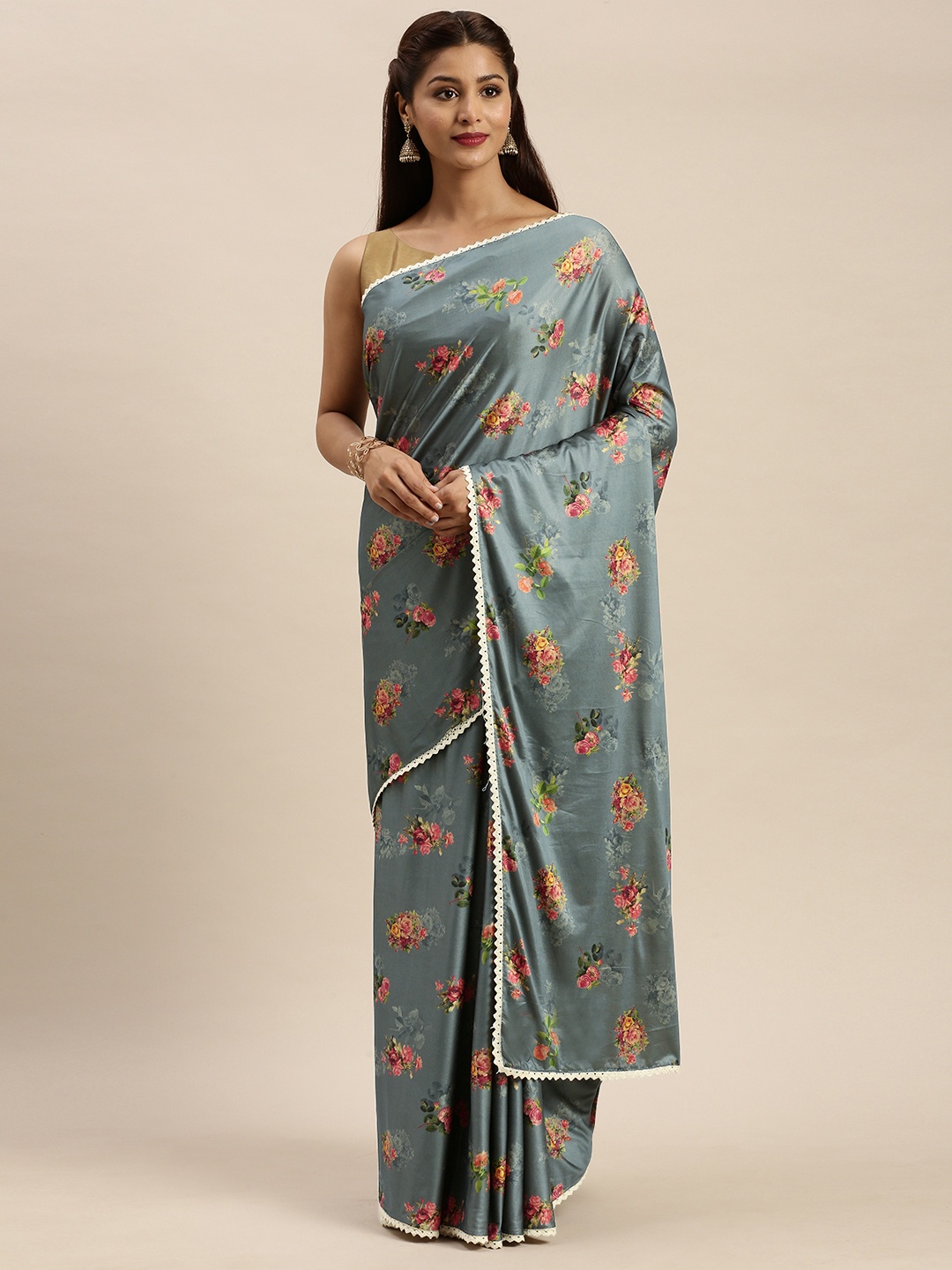 

MIRCHI FASHION Grey & Pink Polyester Printed Saree
