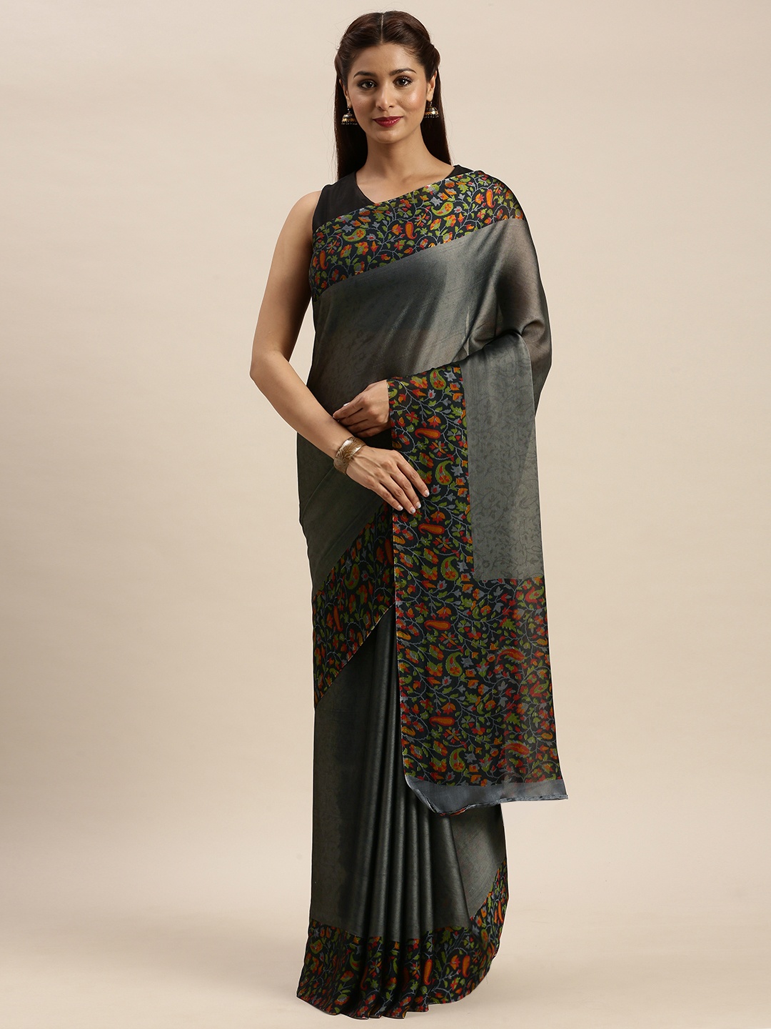 

MIRCHI FASHION Grey & Orange Poly Crepe Printed Saree