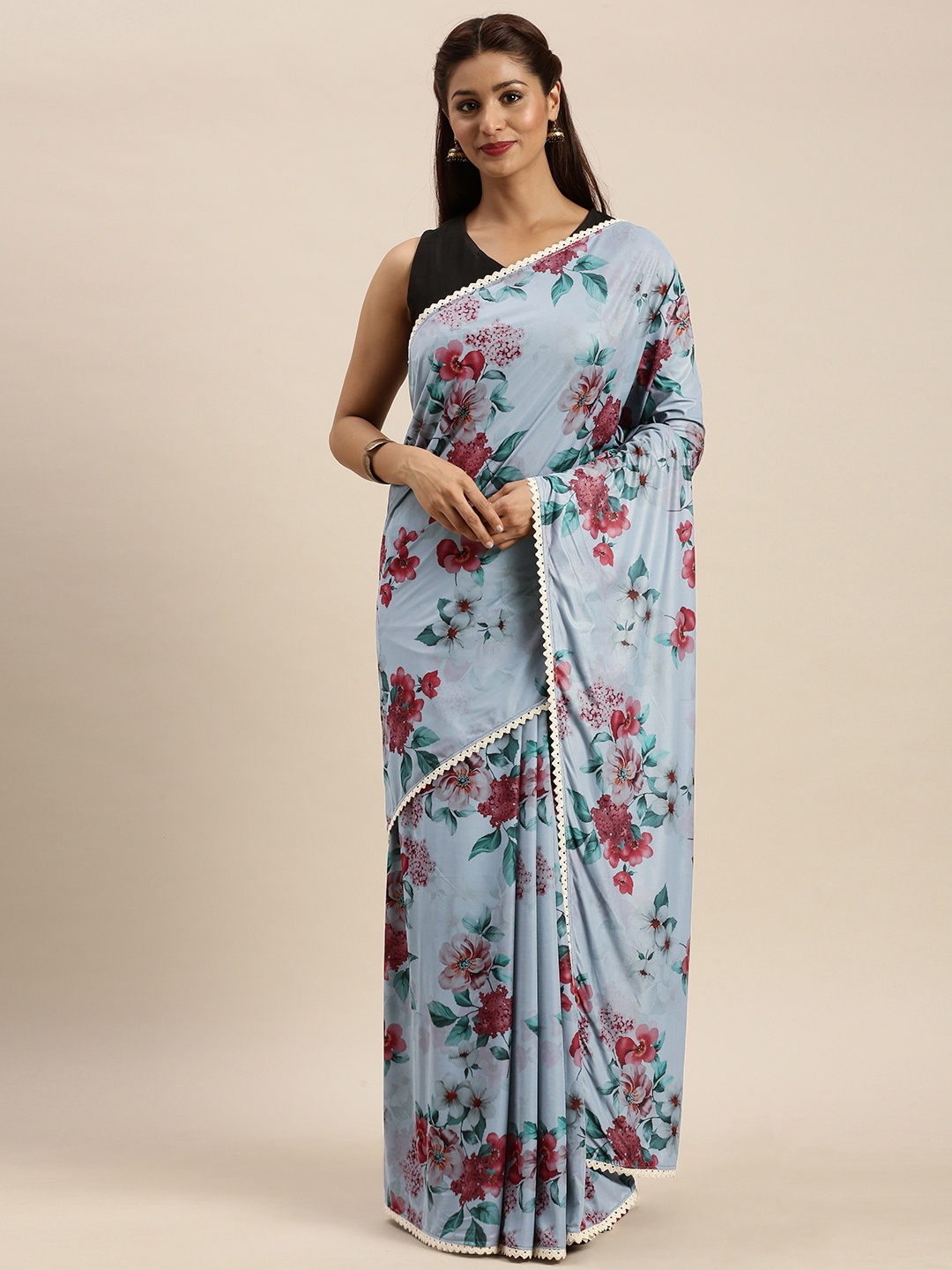 

MIRCHI FASHION Blue & Red Polyester Floral Printed Saree