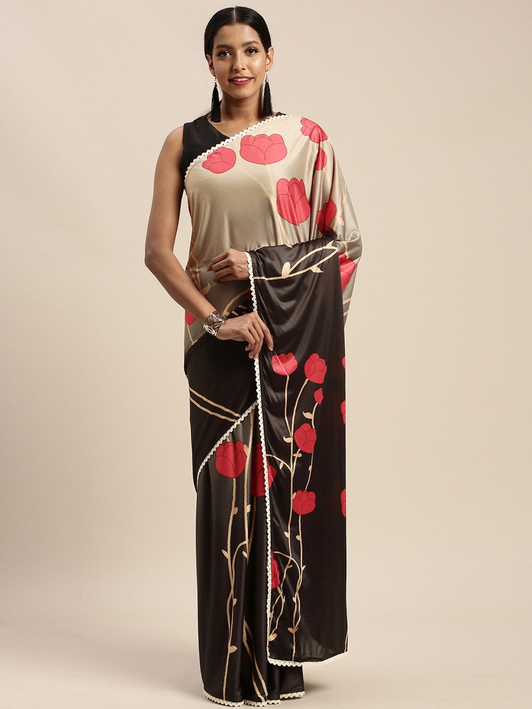 

MIRCHI FASHION Black & Beige Polyester Printed Saree