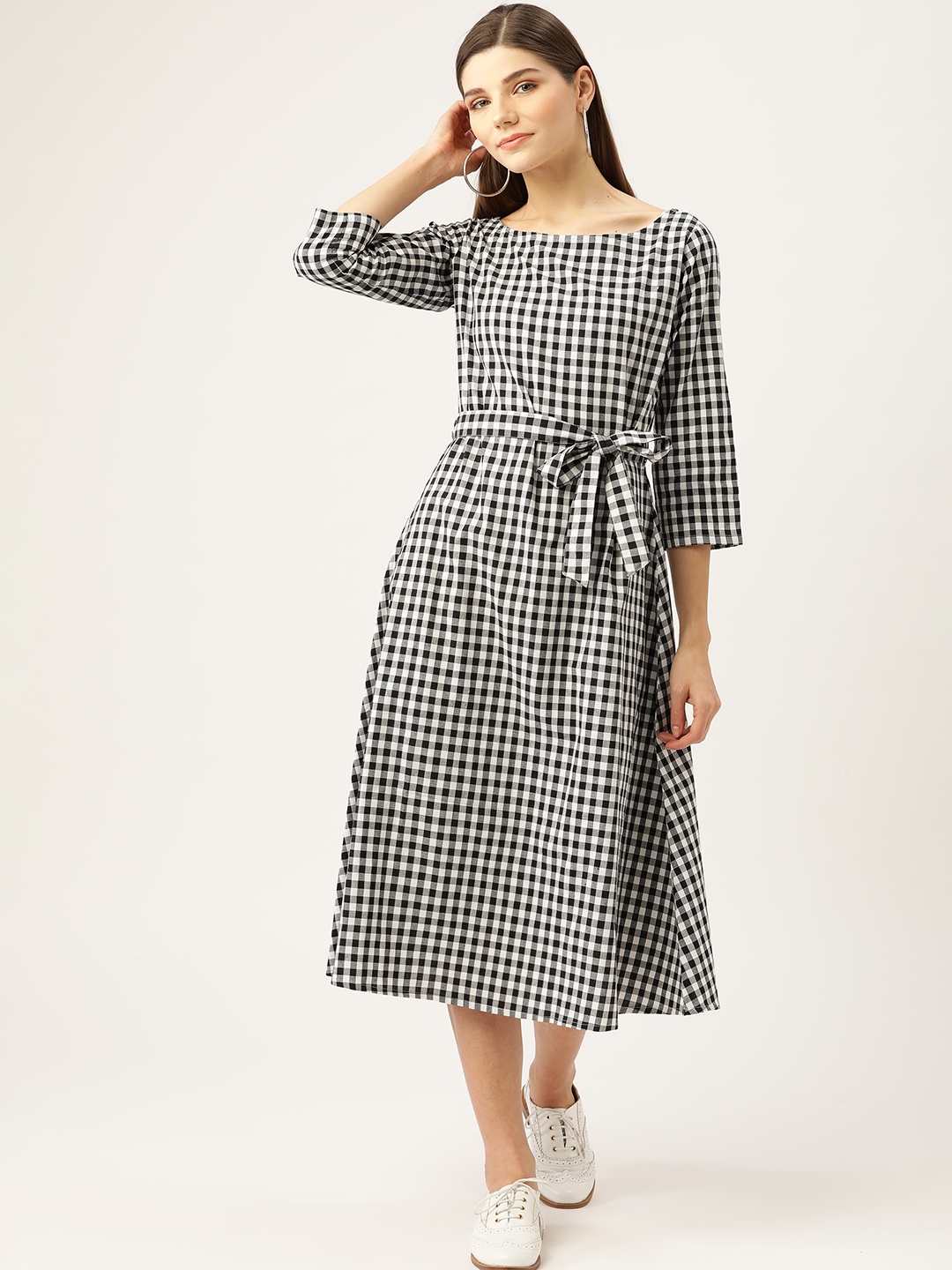 

FABNEST Women Black & White Gingham Checks A-Line Dress