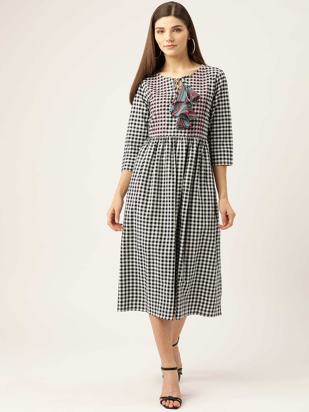 

FABNEST Women Black & White Gingham Checks A-Line Dress
