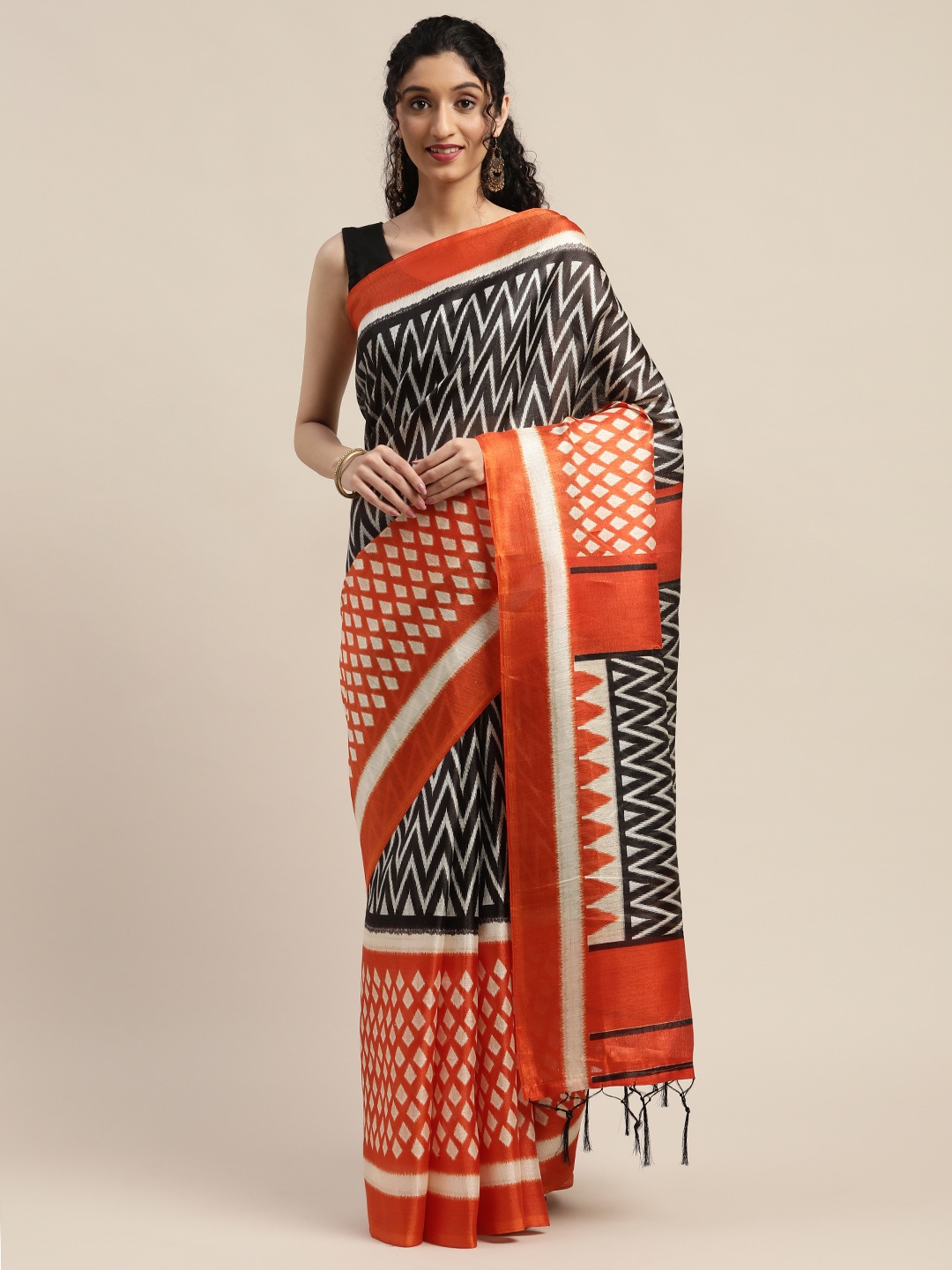

Rajnandini Orange & Black Silk Blend Printed Saree
