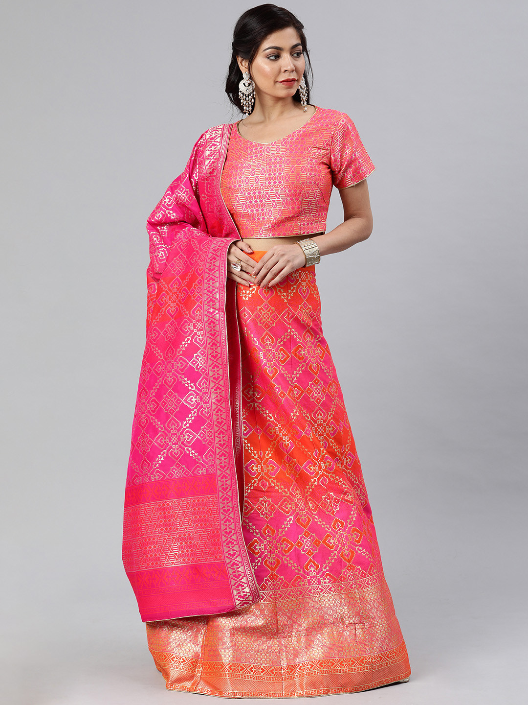 

flaher Orange & Pink Woven Design Semi-Stitched Lehenga & Unstitched Blouse with Dupatta