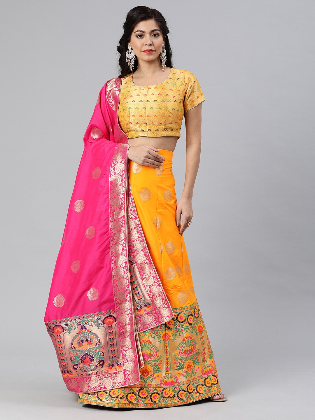 

flaher Yellow & Pink Woven Design Semi-Stitched Lehenga & Unstitched Blouse with Dupatta