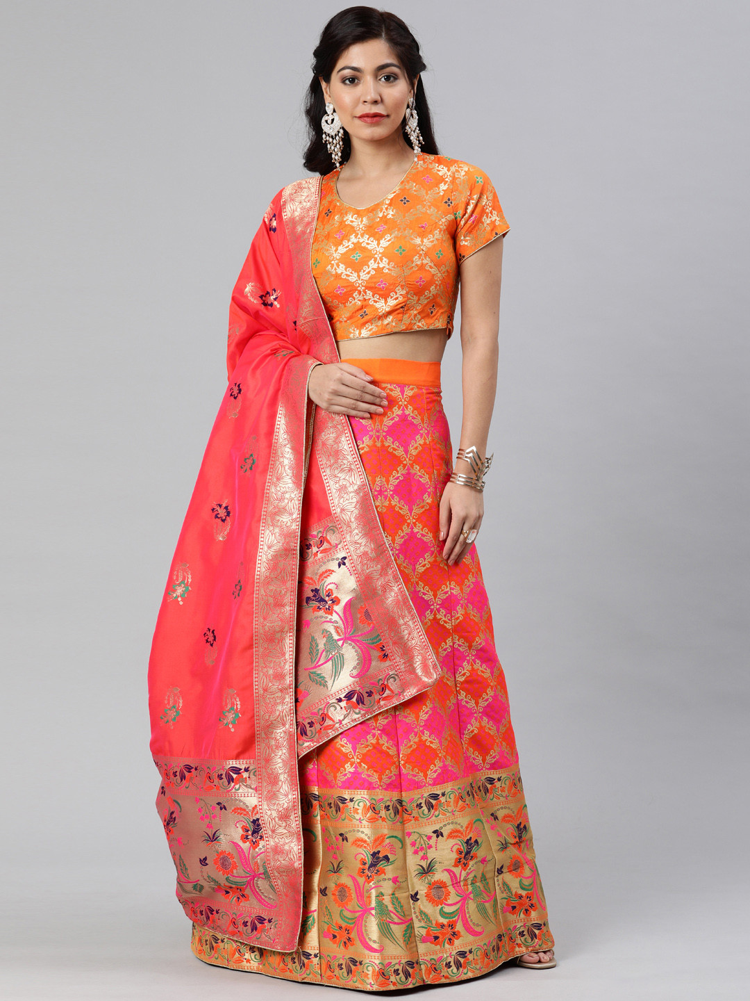 

flaher Orange & Pink Woven Design Semi-Stitched Lehenga & Unstitched Blouse with Dupatta
