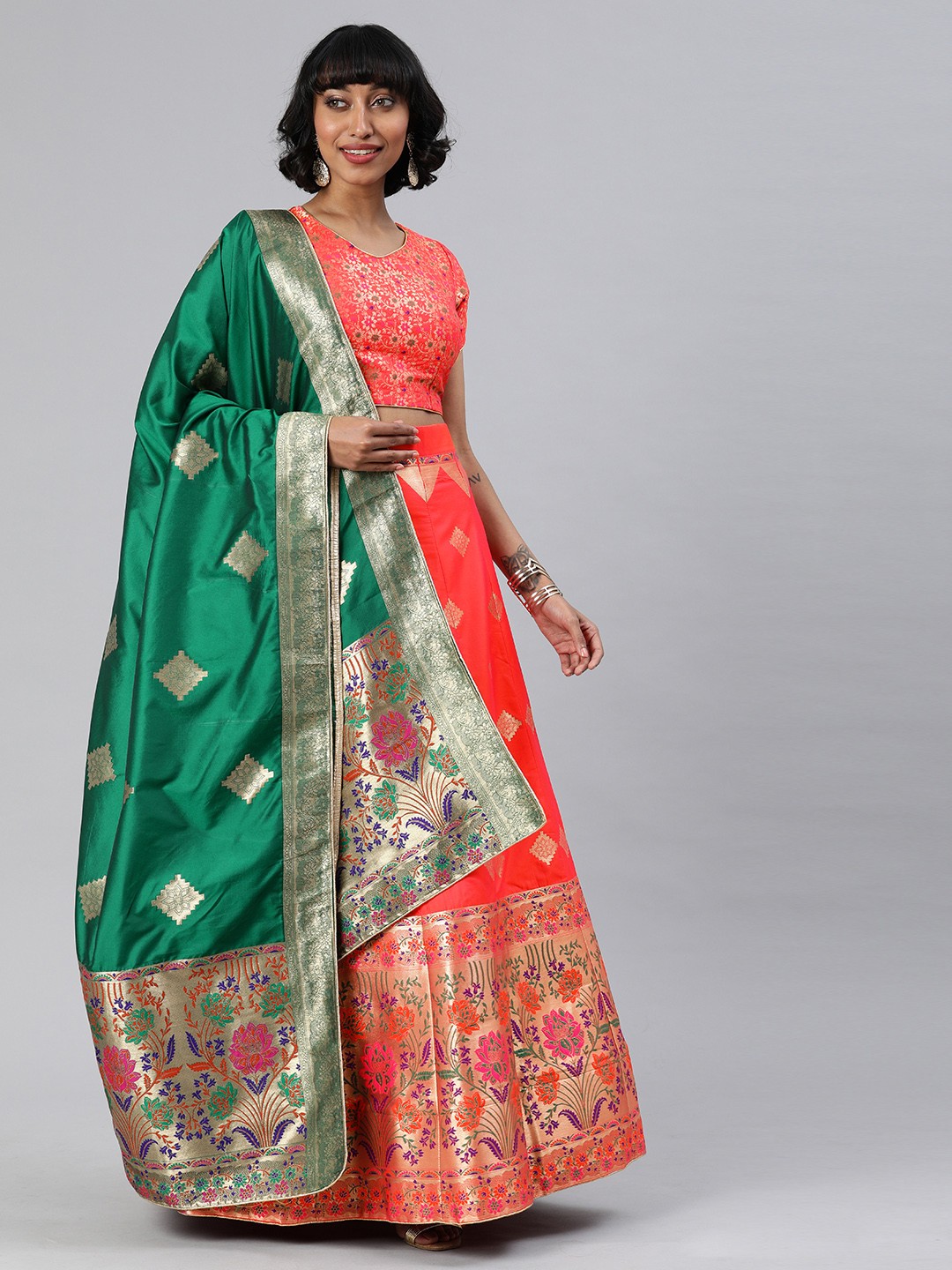 

flaher Coral Peach & Green Semi-Stitched Lehenga & Unstitched Blouse with Dupatta
