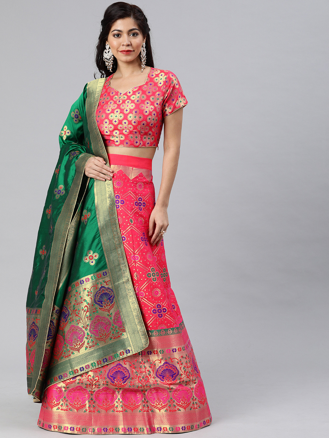 

flaher Pink & Green Woven Design Semi-Stitched Lehenga & Unstitched Blouse with Dupatta