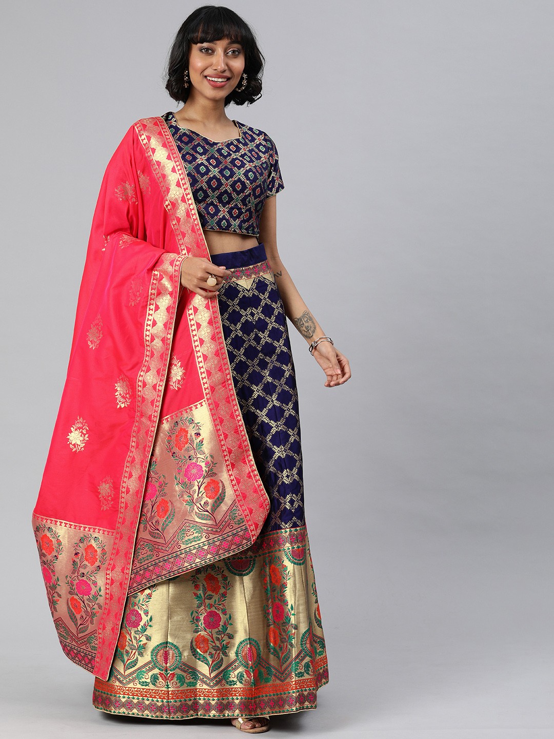 

flaher Navy Blue & Pink Woven Design Semi-Stitched Lehenga & Unstitched Blouse with Dupatta