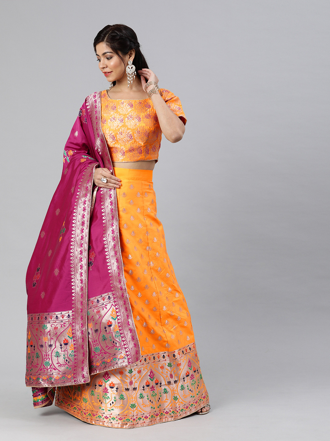 

flaher Yellow & Pink Woven Design Semi-Stitched Lehenga & Unstitched Blouse with Dupatta