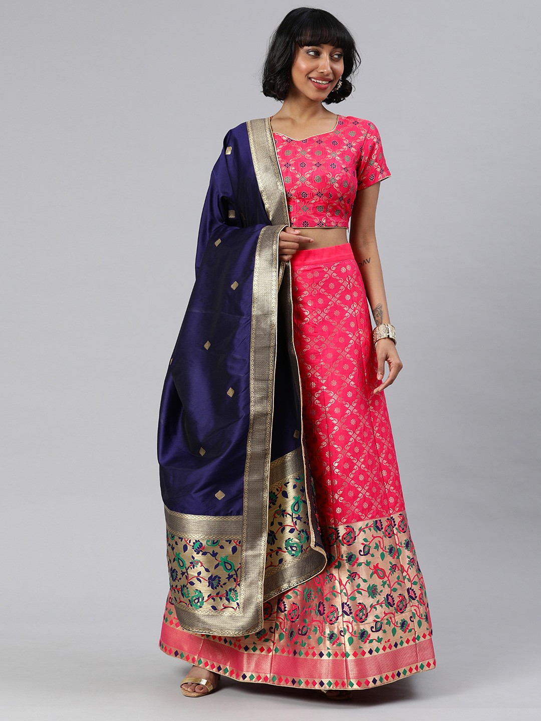 

flaher Pink & Navy Blue Woven Design Semi-Stitched Lehenga & Unstitched Blouse with Dupatta