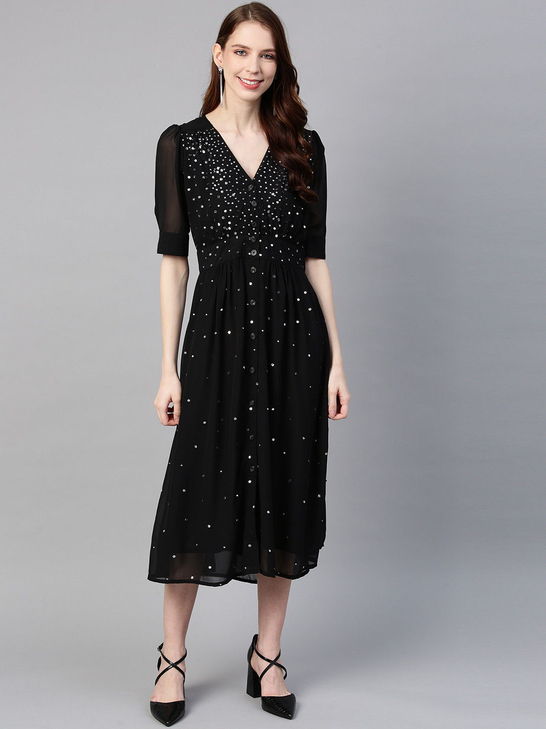 

SCOUP Women Black Embellished A-Line Dress